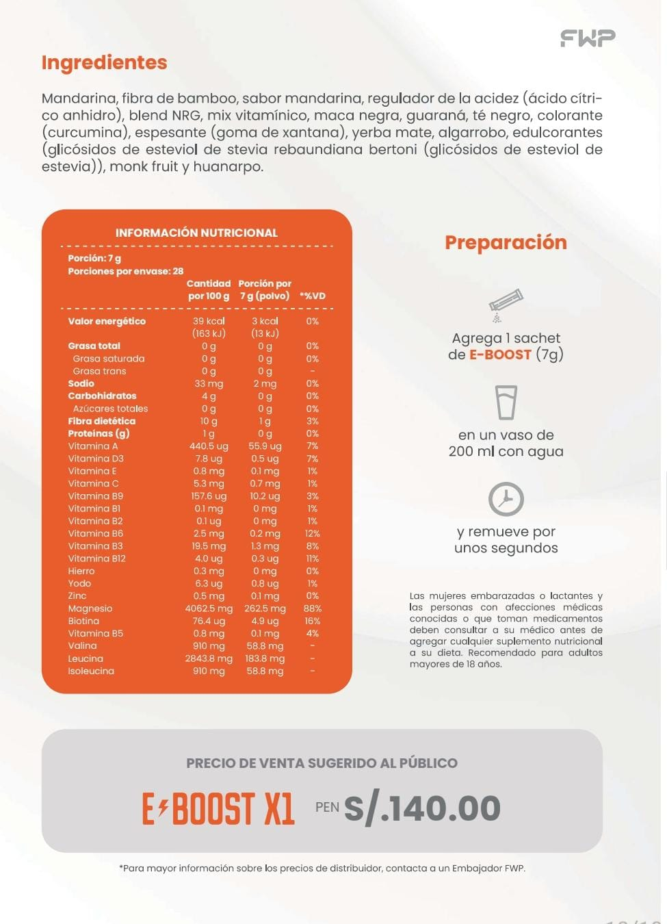 E-BOOST información nutricional e ingredientes