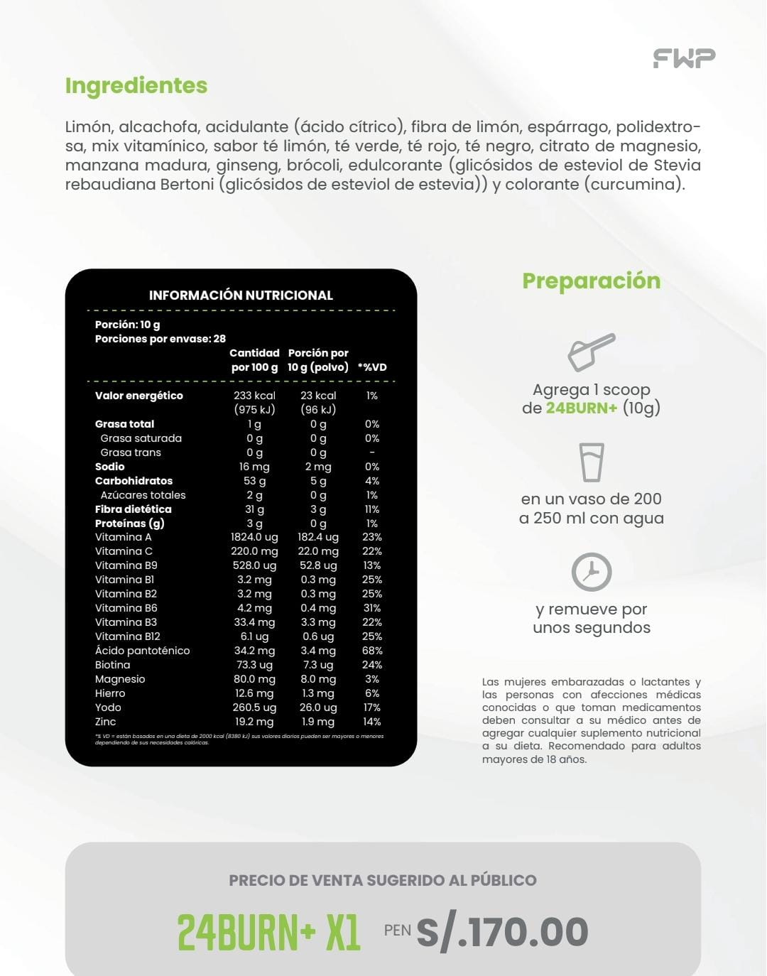 24BURN+ ingredientes y tabla nutricional